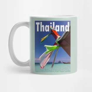 Thailand beach scene of a long tail boat on idyllic shores, typography. Mug